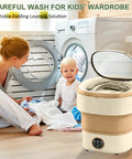 Super Compact Portable Washer With 20L Foldable Tub And Snappy Spin Cycle Ready For College Dorms Road Trips And Tiny Spaces Cleans Delicates And Kids Gear Without A Hassle, shown in a laundry setting with a child.