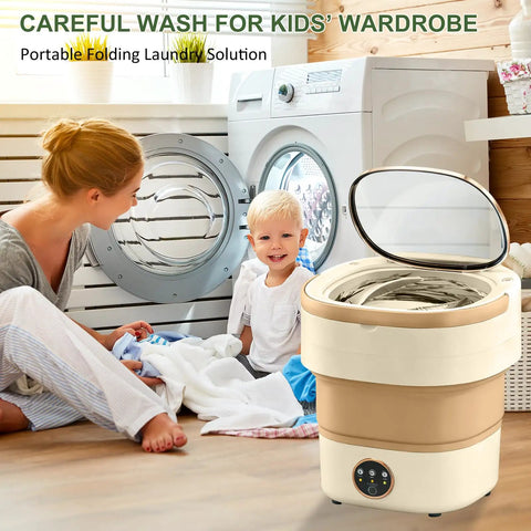 Super Compact Portable Washer With 20L Foldable Tub And Snappy Spin Cycle Ready For College Dorms Road Trips And Tiny Spaces Cleans Delicates And Kids Gear Without A Hassle, shown in a laundry setting with a child.