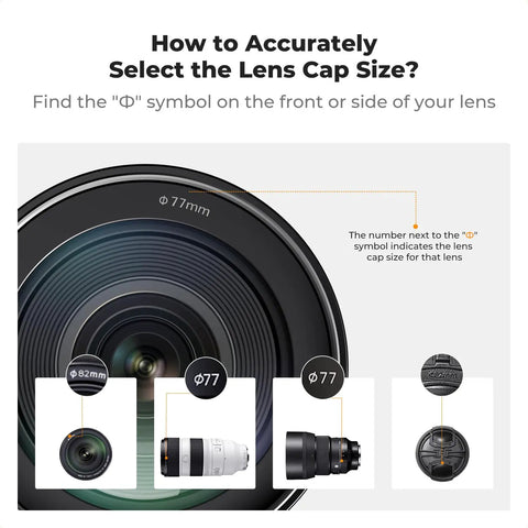 Close-up of lens showing diameter symbol for selecting cap size, featuring 4 In 1 Center Pinch Lens Cap Kit With Anti Loss Keeper Leash.
