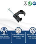 J Clamps For 1/2 Inch PEX Copper CPVC Tubing With Nail Tube Talons Pack Of 100 shown with installation features and specifications.