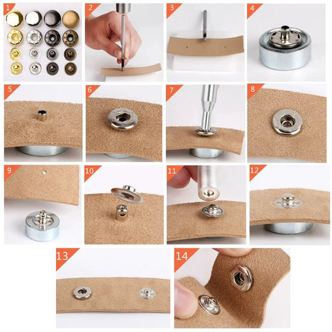 Step-by-step use of All-in-One Pro Grade 12.5mm Heavy Duty Snap Fasteners Kit With 304 Stainless Steel Button Snaps on leather
