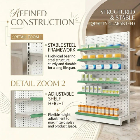 Heavy Duty Adjustable Gondola Shelving Unit Rock Solid Reinforced Steel Double Sided Retail Rack with stable steel framework and adjustable height.