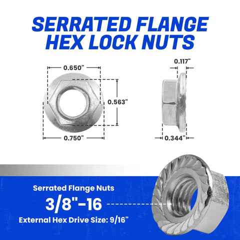 Dimensions and close-up of Rugged Serrated Flange Nuts 3/8-16 Inch, 25 Pack, Stainless Steel 18-8 Hex Lock Hardware.