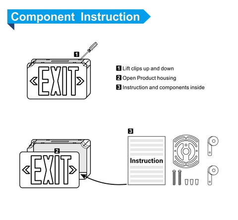 Component instructions for LED Exit Sign Battery Backup Emergency Light With Two Lamp Heads, Green Fire Exit Sign.