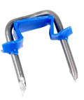 Close-up of polyethylene insulated metal staple for one half inch NM cable fourteen two and twelve two blue built tough steel construction