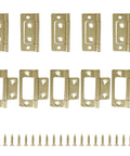 Heavy Duty Ten Pack Two Inch Gold Non Mortise Door Hinges With Mounting Screws arranged in a row with screws below.