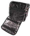 Open interior view of Valentina Underseat Wheeled Carry On Luggage With Floral Branch Design, showing multiple compartments and lining.