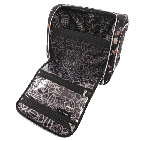 Open interior view of Valentina Underseat Wheeled Carry On Luggage With Floral Branch Design, showing multiple compartments and lining.