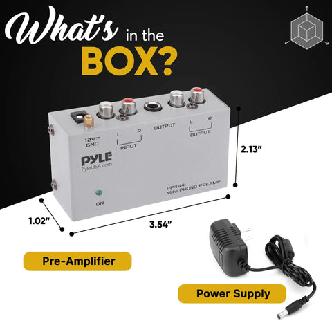 Image of Ultra Compact Phono Preamp For Turntables And Audio Gear With RCA Input And Output A Tiny Yet Mighty Preamp For Record Players Guitars Microphones Receivers And Amplifiers Perfect For Home Studio Setups PP444, showing dimensions and power supply.
