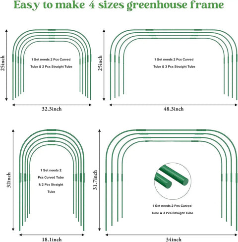 67 Piece Garden Netting Kit 10x25 Ft Ultra Fine Pest Barrier Netting With 6 Hoops And 12 Clips showing 4 greenhouse frame sizes.