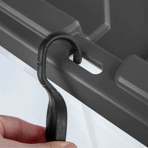 Close-up of gray latching lid on 4 Pack Modular Stacker Box Set Of Durable Clear Plastic Storage Bins With Latching Lids 160 Quart Capacity Stackable Organizer Bins For Closet Garage Bathroom And Office Organization Must Have showing hook detail.