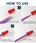 Step-by-step guide showing how to use Versatile 25 Pack Wire Nuts For 10 to 22 AWG With Color Coded Twist On Wire Caps.