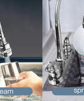 Top Shelf RV Kitchen Faucet Sporting A Slick 360 Rotating Sprayer Head And Hella Tough Stainless Steel Frame With An Eight Inch Two Hole Base showing stream and spray functions in use.