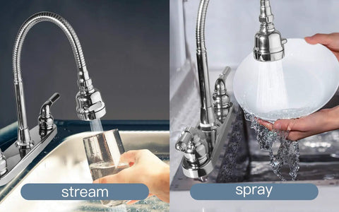 Top Shelf RV Kitchen Faucet Sporting A Slick 360 Rotating Sprayer Head And Hella Tough Stainless Steel Frame With An Eight Inch Two Hole Base showing stream and spray functions in use.