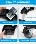Assembly instructions for Adjustable 15-19 Inch Round Drum Dolly With Locking Wheels showing how to install wheels and adjust brakes.