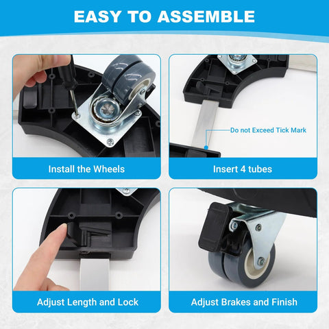 Assembly instructions for Adjustable 15-19 Inch Round Drum Dolly With Locking Wheels showing how to install wheels and adjust brakes.