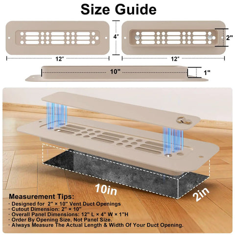Size guide for RV Floor Vent Cover 2x10 Inch with Removable Magnetic Lid, highlighting dimensions and airflow feature.