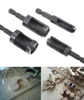 Tough As Nails Wood Plug Cutter Drill Bit Set Featuring Four Slick Cutting Heads And One Quarter Inch Hex Shank showing cutting heads and wooden dowel pieces.
