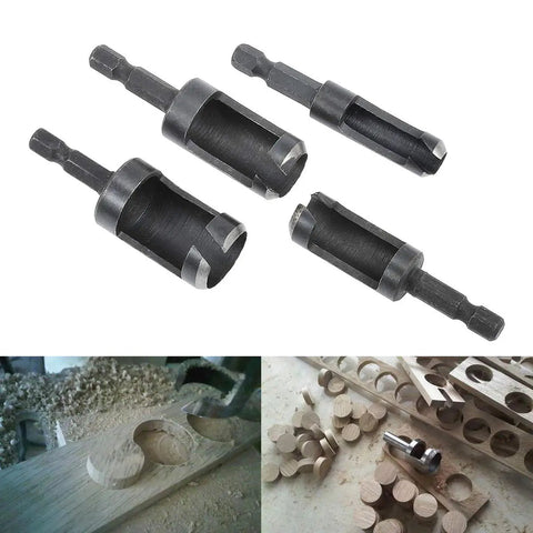 Tough As Nails Wood Plug Cutter Drill Bit Set Featuring Four Slick Cutting Heads And One Quarter Inch Hex Shank showing cutting heads and wooden dowel pieces.