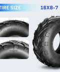 Close-up of 16x8-7 tire size text on Go Kart Tires 145/70-6 4 Ply Tubeless Directional Tread For Sand Mud Trail Replacement Set Pack Of 2 ATV Street Mini Bike Tires 14x6-6 Grippy All Terrain Play Wheels