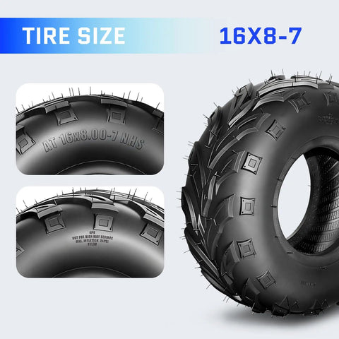 Close-up of 16x8-7 tire size text on Go Kart Tires 145/70-6 4 Ply Tubeless Directional Tread For Sand Mud Trail Replacement Set Pack Of 2 ATV Street Mini Bike Tires 14x6-6 Grippy All Terrain Play Wheels