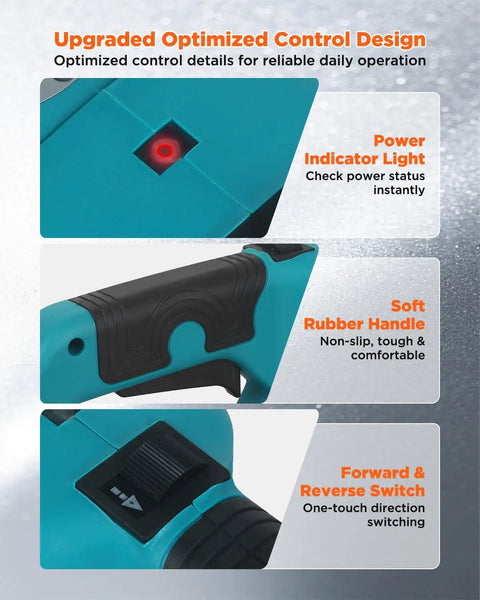 Upgraded 2300W Electric Pipe Threader With Pure Copper Motor And Aluminum Alloy Head. Close-up of power indicators and rubber handle.