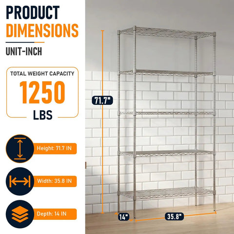 Solid As A Rock Five Tier Wire Shelving In Chrome Finish Hella Roomy Storage Rack With 1250 Pound Load Zero Hassle Pantry Organizer For Kitchen Garage Or Basement
