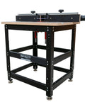 Rock Solid Birch Plywood Router Table Workhorse Featuring Precision Manual Lift Dial And Seamless Aluminum Fence Paired With Heavy Duty Steel Stand, side view of sturdy black frame.