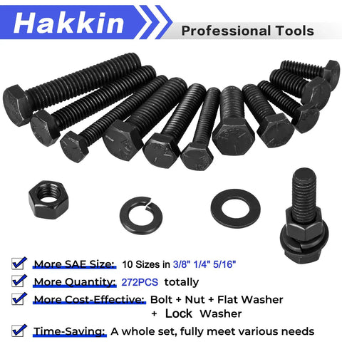 Tough As Nails 272 Piece Hex Bolts And Nuts Assortment Kit featuring Black Grade 8.8 carbon steel bolts and nuts in various sizes.