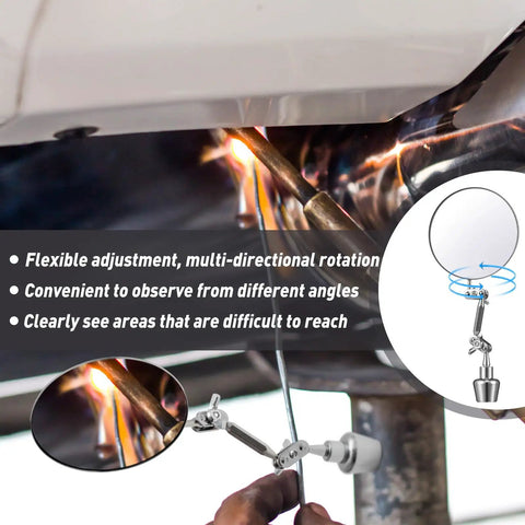 Two 3.15 Inch Round Inspection Mirrors With Magnetic Base And Swivel Ball Joint in use under car exhaust