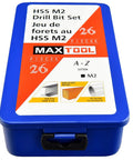 Blue metal case of 26 Piece Twist Drill Bit Set HSS M2 High Speed Steel Jobber Length Fully Ground For Metal Wood Plastic Includes A To Z