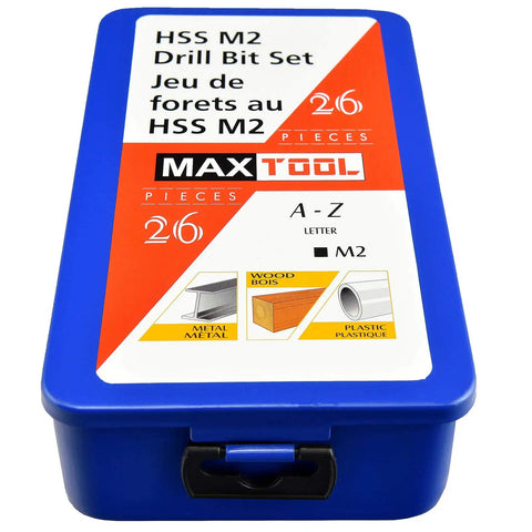 Blue metal case of 26 Piece Twist Drill Bit Set HSS M2 High Speed Steel Jobber Length Fully Ground For Metal Wood Plastic Includes A To Z