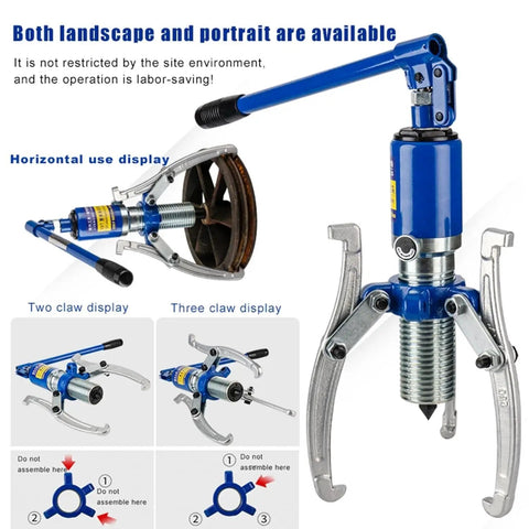 Heavy Duty Hydraulic Gear Puller Serving Up Hella Gripping Power For Tough Bearing Extraction And Quick Garage Fixes With Adjustable Three Jaw Chucks And Universal Cassette Socket Set displayed with both two and three claw configurations.