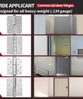 Commercial door hinges suitable for .134 gauge heavy-weight doors with various installation views