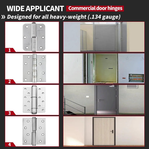 Commercial door hinges suitable for .134 gauge heavy-weight doors with various installation views
