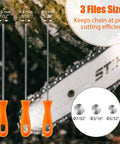 Three Piece Chainsaw Chain Sharpening File Set With Round Steel Files And Plastic Handle Includes Five Thirty Second Inch, Seven Thirty Second Inch, And Three Sixteenth Inch Sizes For Fast, Precise Chain Maintenance, shown with orange handles and file sizes labeled.