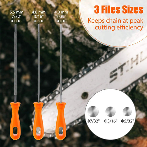 Three Piece Chainsaw Chain Sharpening File Set With Round Steel Files And Plastic Handle Includes Five Thirty Second Inch, Seven Thirty Second Inch, And Three Sixteenth Inch Sizes For Fast, Precise Chain Maintenance, shown with orange handles and file sizes labeled.