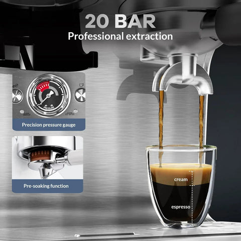 Slick Semi Automatic Espresso Brewer With Built In Grinder And Milk Frother Delivers 20 Bar Pressure Plus Roomy Water Tank coffee extraction with precision gauge.