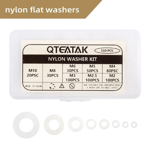 Nylon Flat Washer Set With Eight Sizes M2 M2.5 M3 M4 M5 M6 M8 M10 For Electrical Connections box with washers displayed