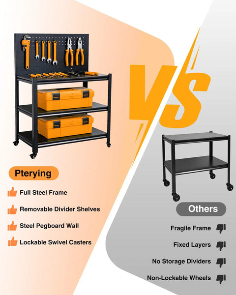 52 Inch Rolling Work Table That Moves With You, Adjustable Height And Lockable Wheels, Pegboard Surface, Heavy Duty Mobile Workbench comparison with standard cart