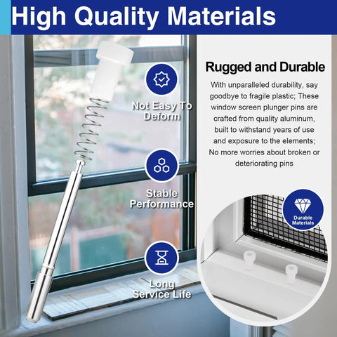 Snag This Hefty 25 Pack Of Tough Window Screen Plunger Latch Pins With Springs White Plastic Caps And Sturdy Aluminum Cores For Reliable Home Repairs secure fits shown in a window.