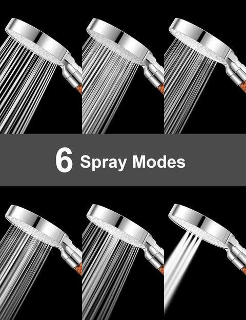 Filtered Shower Head With Six Spray Modes, No-Fuss High-Pressure Handheld Filter For Hard Water, showing various spray patterns
