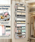 Game Changing Over The Door Organizer With Six Hella Roomy Clear Pockets For Sneakers Accessories And Daily Gear Heavy Duty Hanging Closet Rack To Declutter Any Tight Room Today mounted with clear pockets for storage.