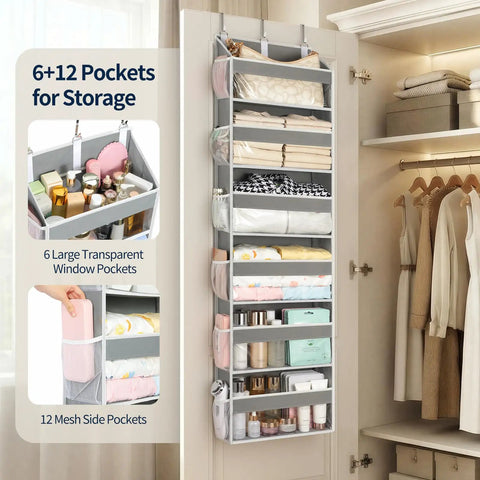 Game Changing Over The Door Organizer With Six Hella Roomy Clear Pockets For Sneakers Accessories And Daily Gear Heavy Duty Hanging Closet Rack To Declutter Any Tight Room Today mounted with clear pockets for storage.