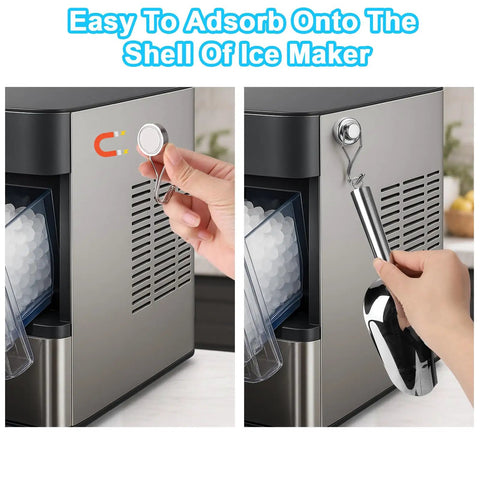 Heavy Duty Stainless Steel Ice Scoop With Magnetic Hook for Freezer attached to ice maker