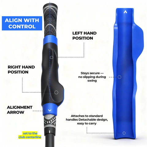 Golf Grip Trainer For Right Hand Swing Grip Corrector in blue and black, showing hand position and alignment arrows for golf practice.