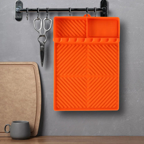 Silicone Griddle And Grill Mat With Drip Pad For Grill And Kitchen 16 By 11 Point 5 Inch hanging with kitchen tools