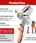 Close-up of Grommet Tool Kit 3/8 Inch Heavy Duty Eyelet Pliers with dual magnetic mold and ergonomic handle design.