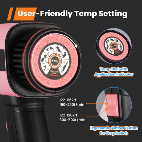 Close-up of control dial on 1800W Heat Gun With Stepless Temperature Control And Dual Airflow Compact Heavy Duty Hot Air Gun.