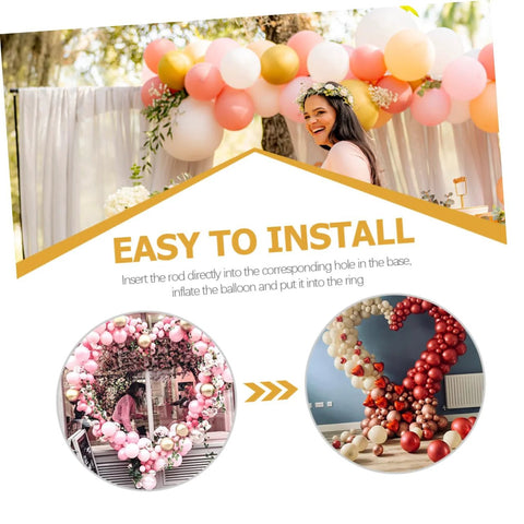 Balloon stand kit for heart-arch wedding decor; pastel balloons and easy-install guide.